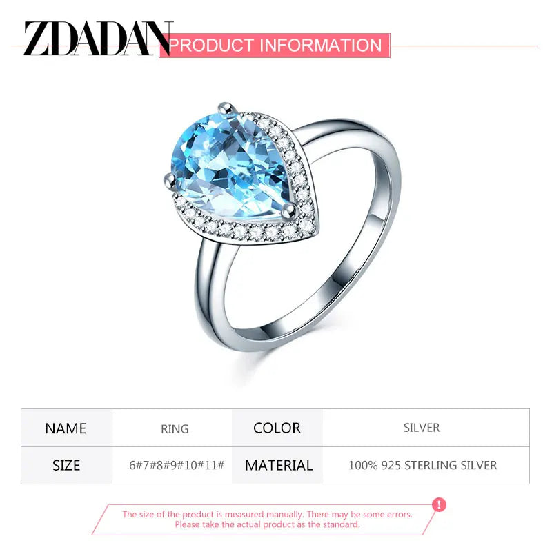 ZDADAN 925 Sterling Silver Water Drop Topaz Ring For Women Fashion Wedding Jewelry