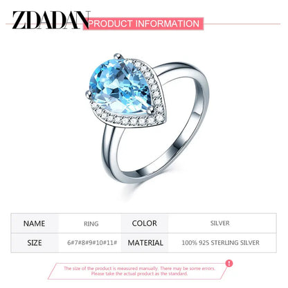 ZDADAN 925 Sterling Silver Water Drop Topaz Ring For Women Fashion Wedding Jewelry