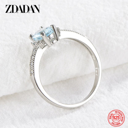 ZDADAN 925 Sterling Silver Charm Aquamarine Ring For Women Fashion Wedding Jewelry Engagement Party Gift