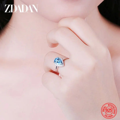 ZDADAN 925 Sterling Silver Water Drop Topaz Ring For Women Fashion Wedding Jewelry