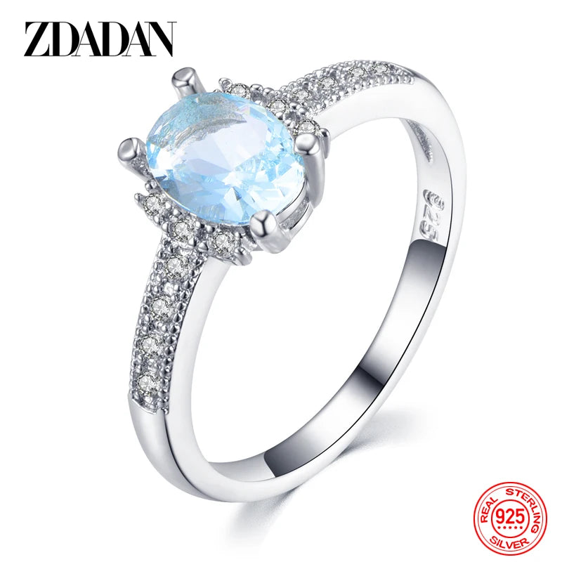 ZDADAN 925 Sterling Silver Charm Aquamarine Ring For Women Fashion Wedding Jewelry Engagement Party Gift