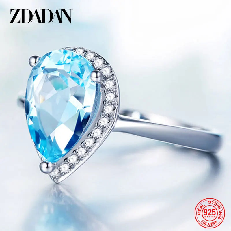 ZDADAN 925 Sterling Silver Water Drop Topaz Ring For Women Fashion Wedding Jewelry