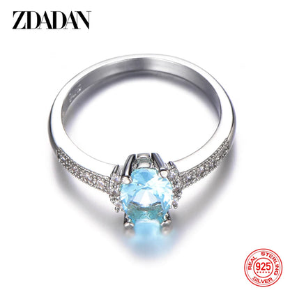 ZDADAN 925 Sterling Silver Charm Aquamarine Ring For Women Fashion Wedding Jewelry Engagement Party Gift