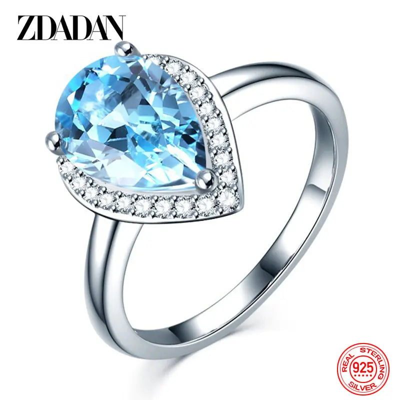 ZDADAN 925 Sterling Silver Water Drop Topaz Ring For Women Fashion Wedding Jewelry