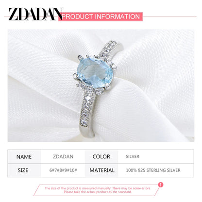 ZDADAN 925 Sterling Silver Charm Aquamarine Ring For Women Fashion Wedding Jewelry Engagement Party Gift