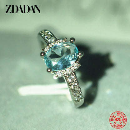 ZDADAN 925 Sterling Silver Charm Aquamarine Ring For Women Fashion Wedding Jewelry Engagement Party Gift