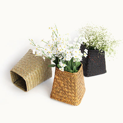 Hand woven straw flower and utensil vase, Storage Nordic style vase