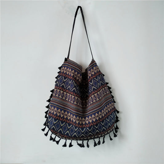 Women's Canvas national style tassel cotton hemp handbag