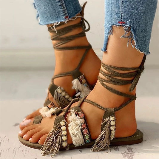 Ethnic style strappy beaded sandals