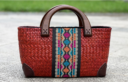 New Rattan straw woven ethnic style mini women's strapless handbag.