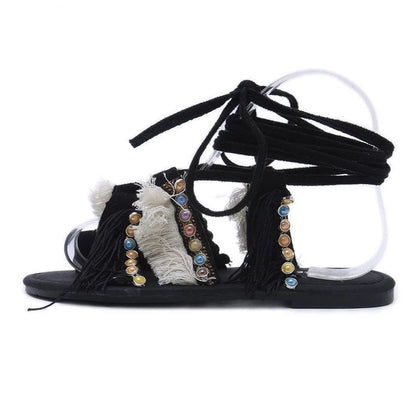 Ethnic style strappy beaded sandals