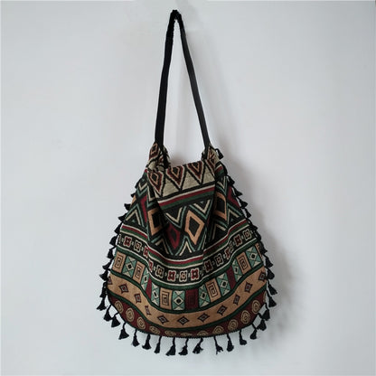 Women's Canvas national style tassel cotton hemp handbag