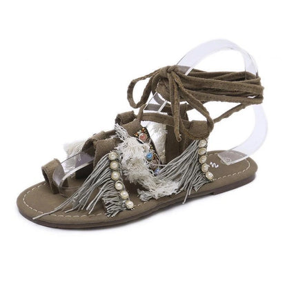 Ethnic style strappy beaded sandals